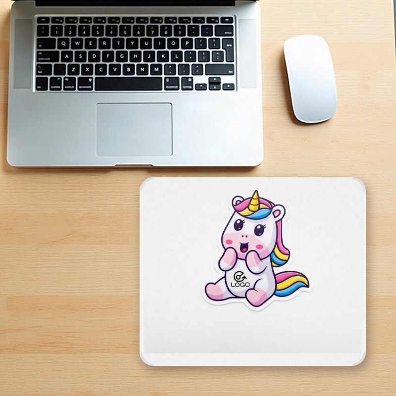 Tapis de souris personnalisé imprimé à votre logo, posé sur un bureau à côté d’un ordinateur